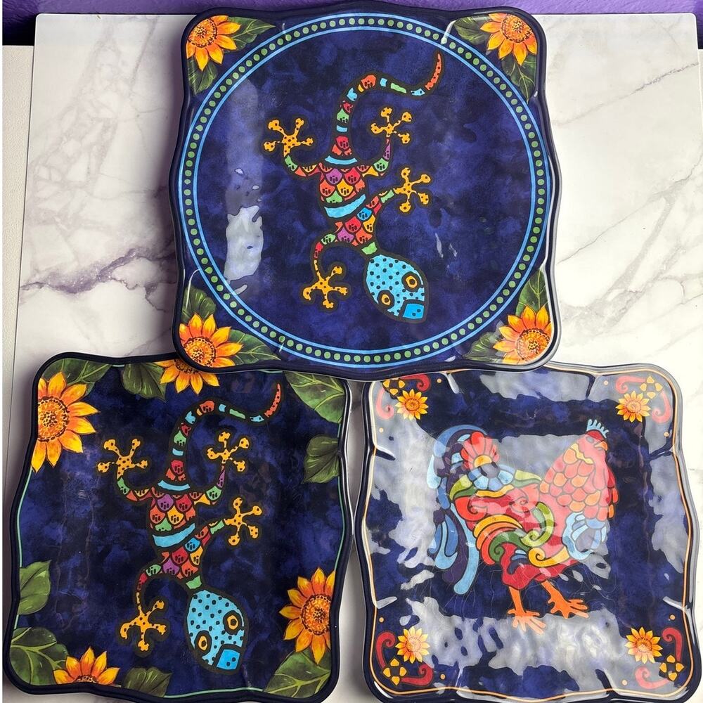 Cocinaware Melamine Plates Lot of 3 Gecko Rooster Sunflower Talavera Style Blue